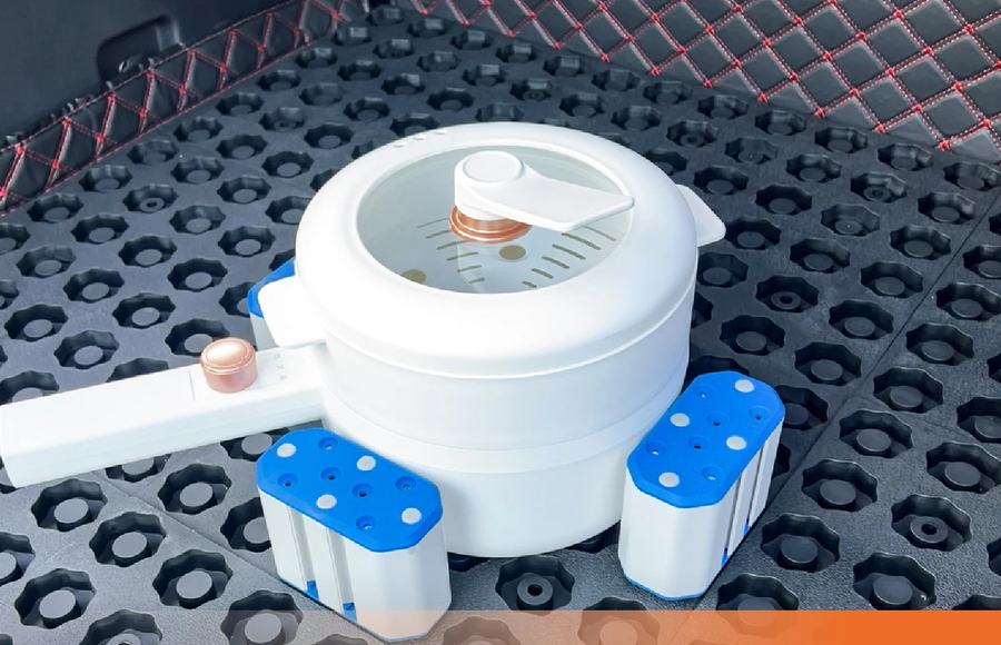 Modular cabin system holding a portable appliance and its accessories in place