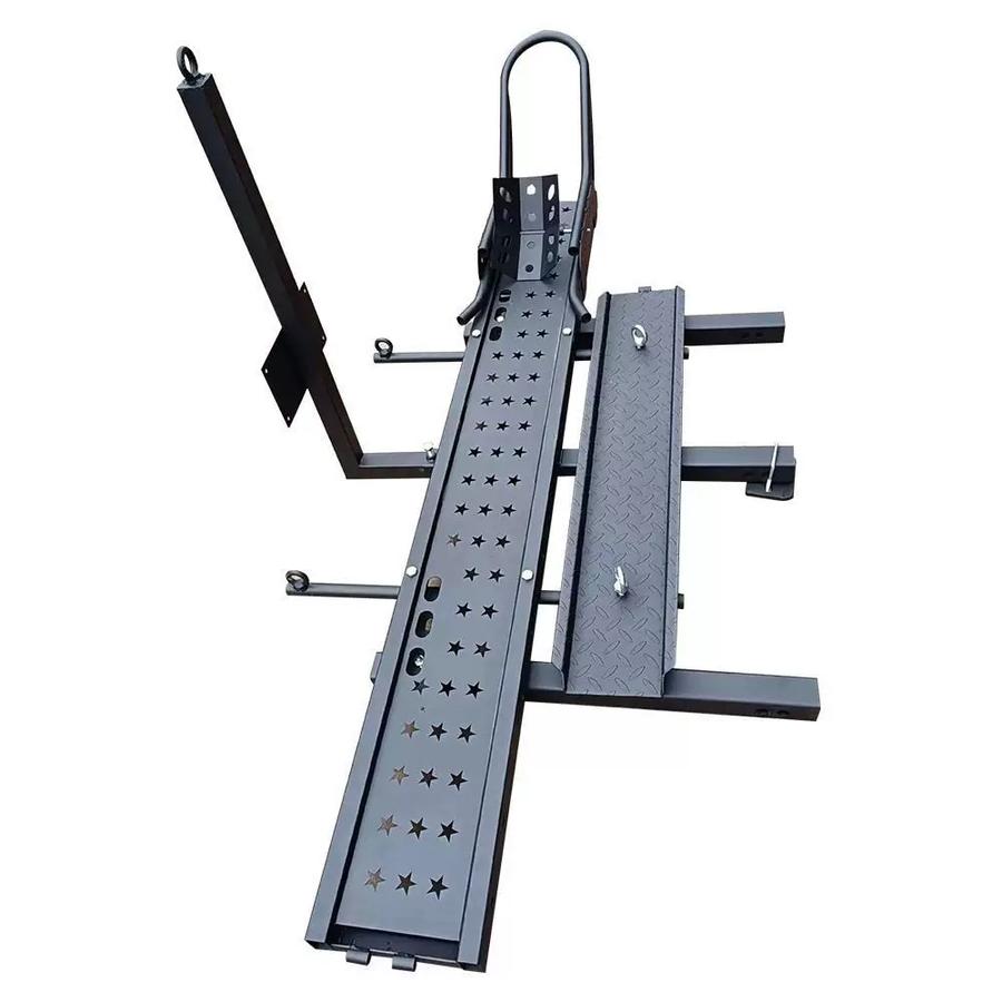 Motorcycle carrier side view with the loading ramp folded up for storage