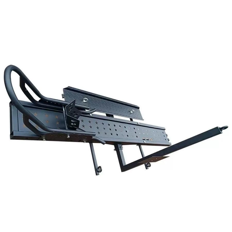 Motorcycle carrier frame detail showing ramp, mounting bracket and wheel chock